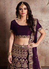 Designer Wine Color Velvet Silk Embroidered Lehenga